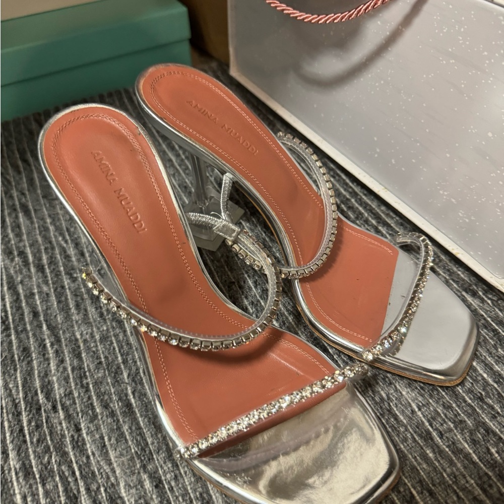 Amina Muaddi Silver Heels - Picture 3 of 12